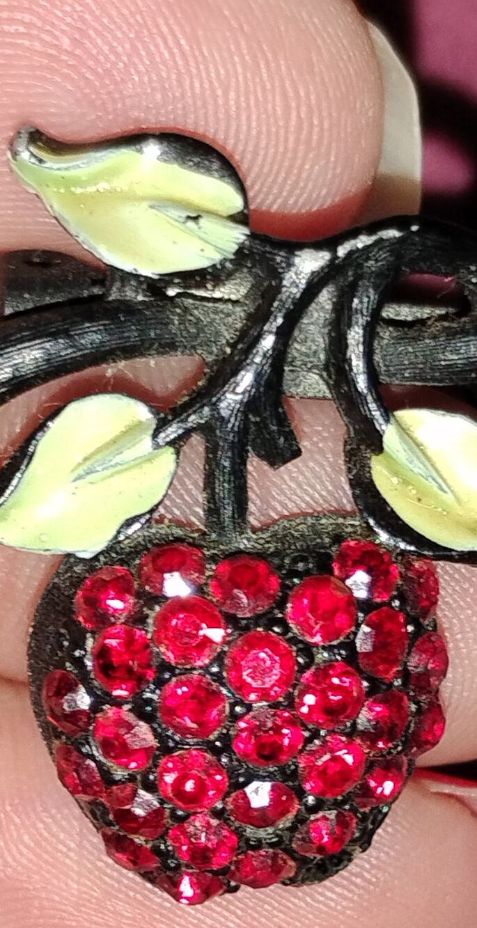 Vintage © JJ Jonette Jewelry Red Rhinestone Apple Brooch Enamel Fruit Pin